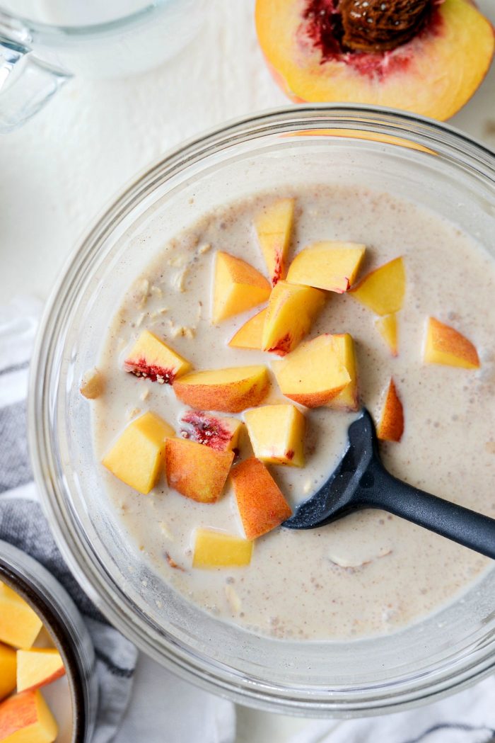 add diced peaches to oatmeal mixture