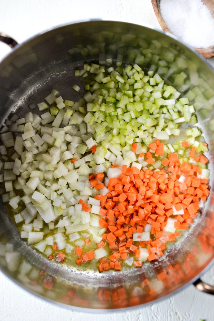 onion, carrot and celery into pot