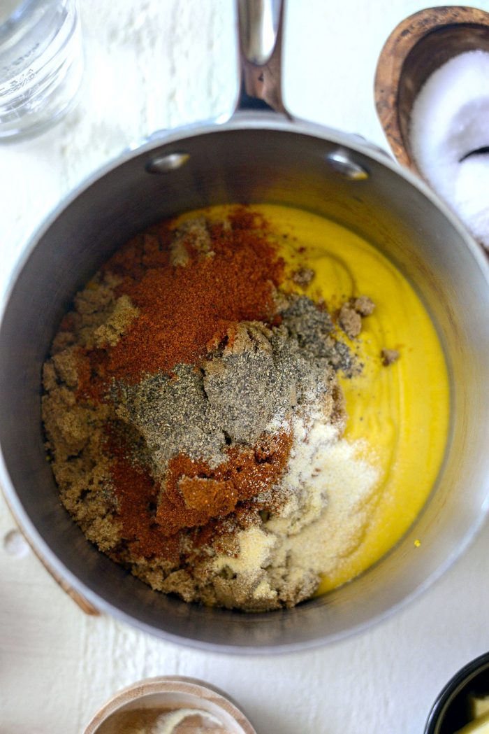 mustard, sugar and spices in saucepan.