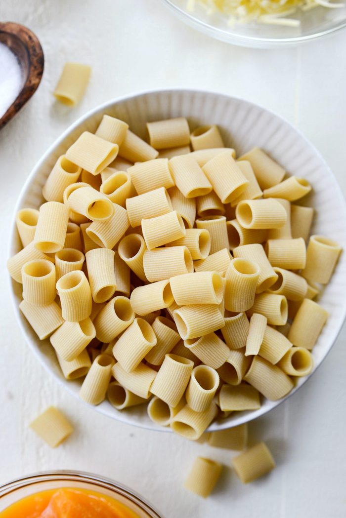 dried rigatoni noodles in a bowl