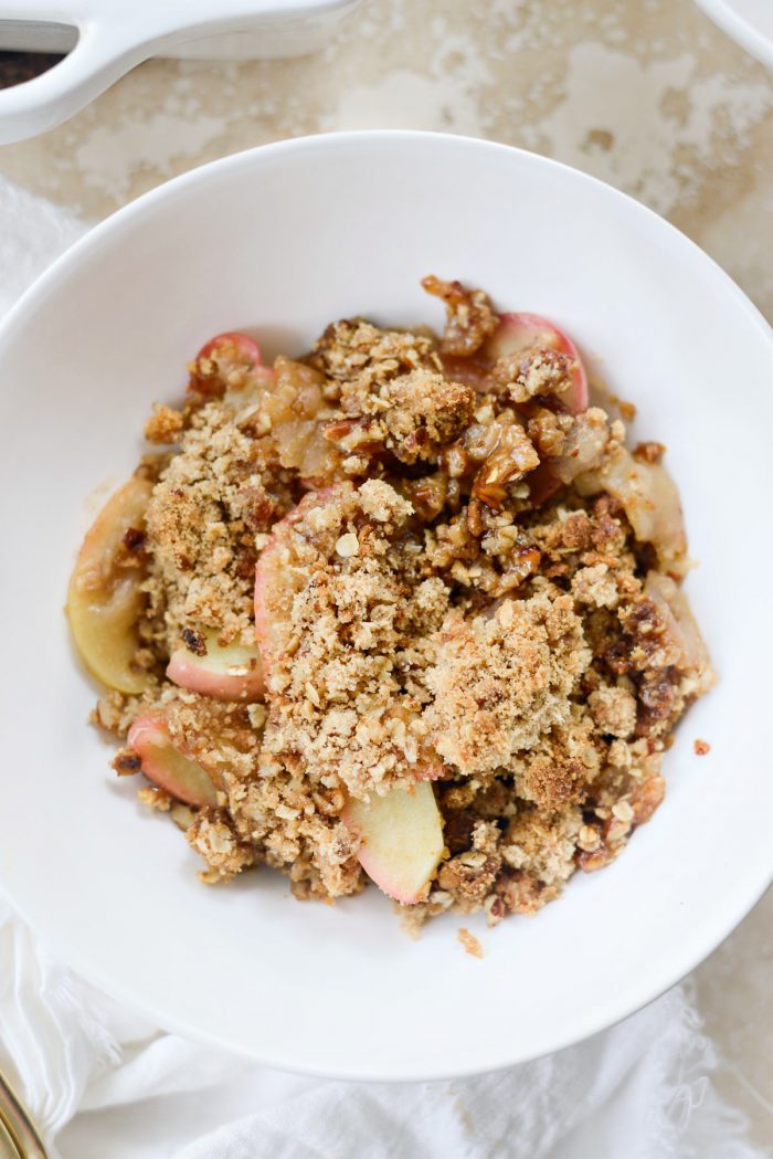 easy apple crisp served in a white bowl