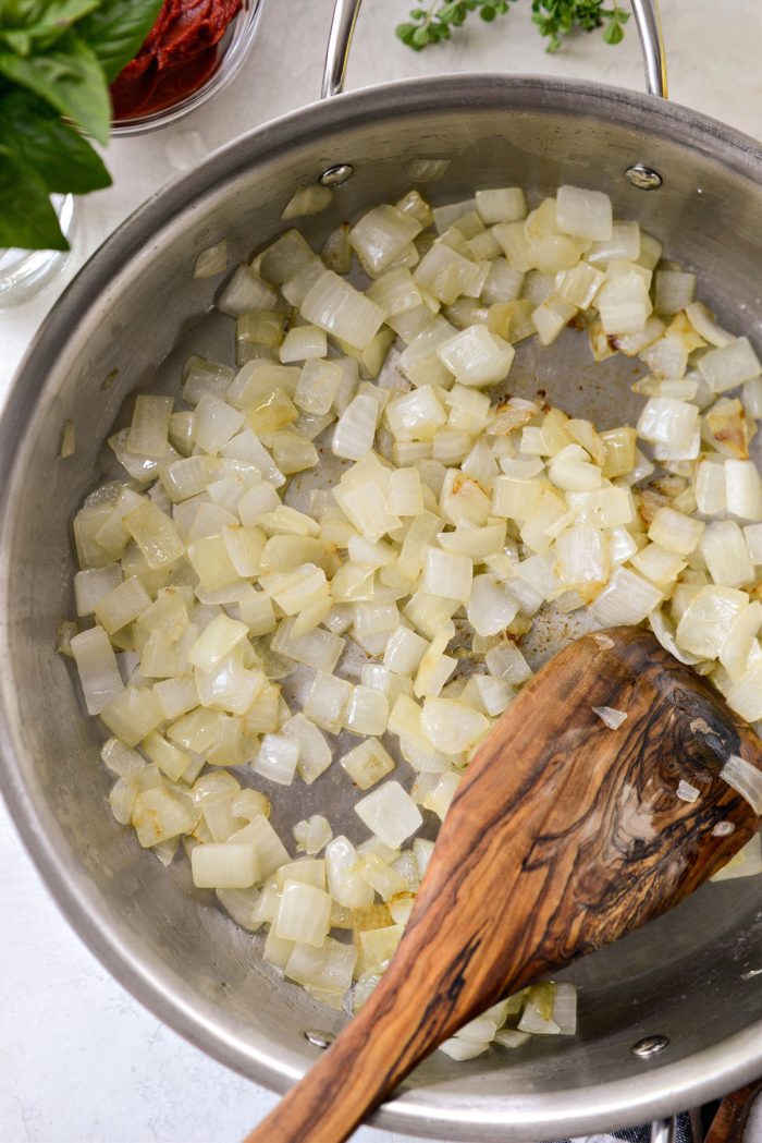 satueed onions in a skillet.