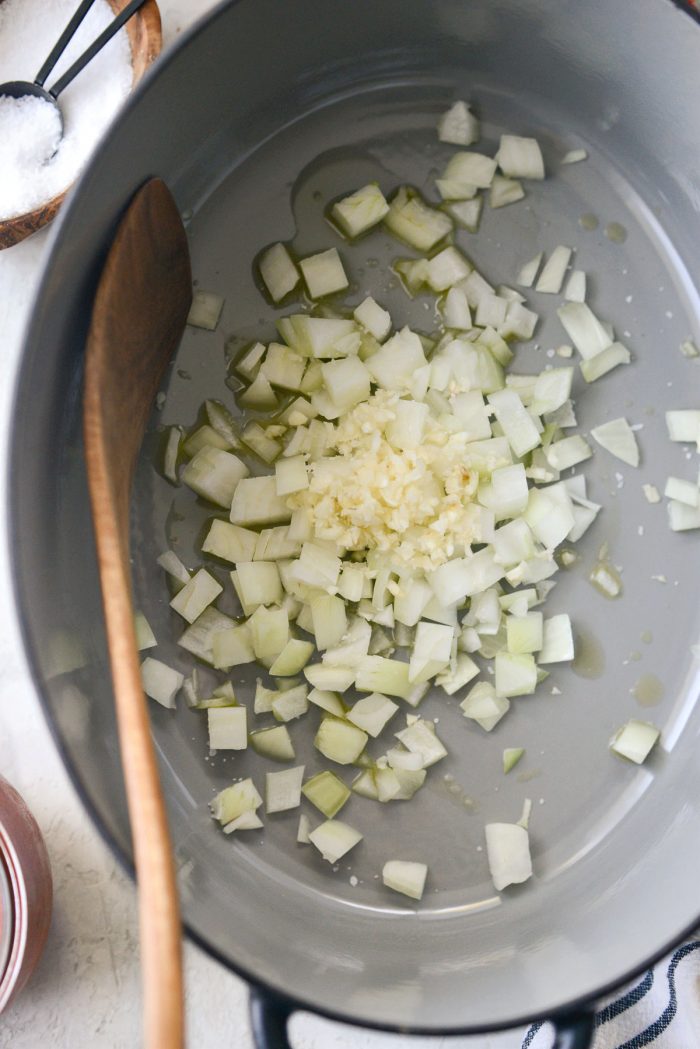 olive oil, onion and garlic to a dutch oven