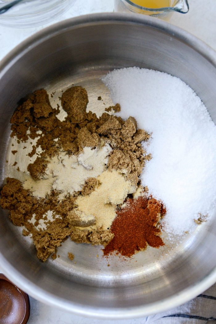 brown sugar, spices and salt in a large stock pot.