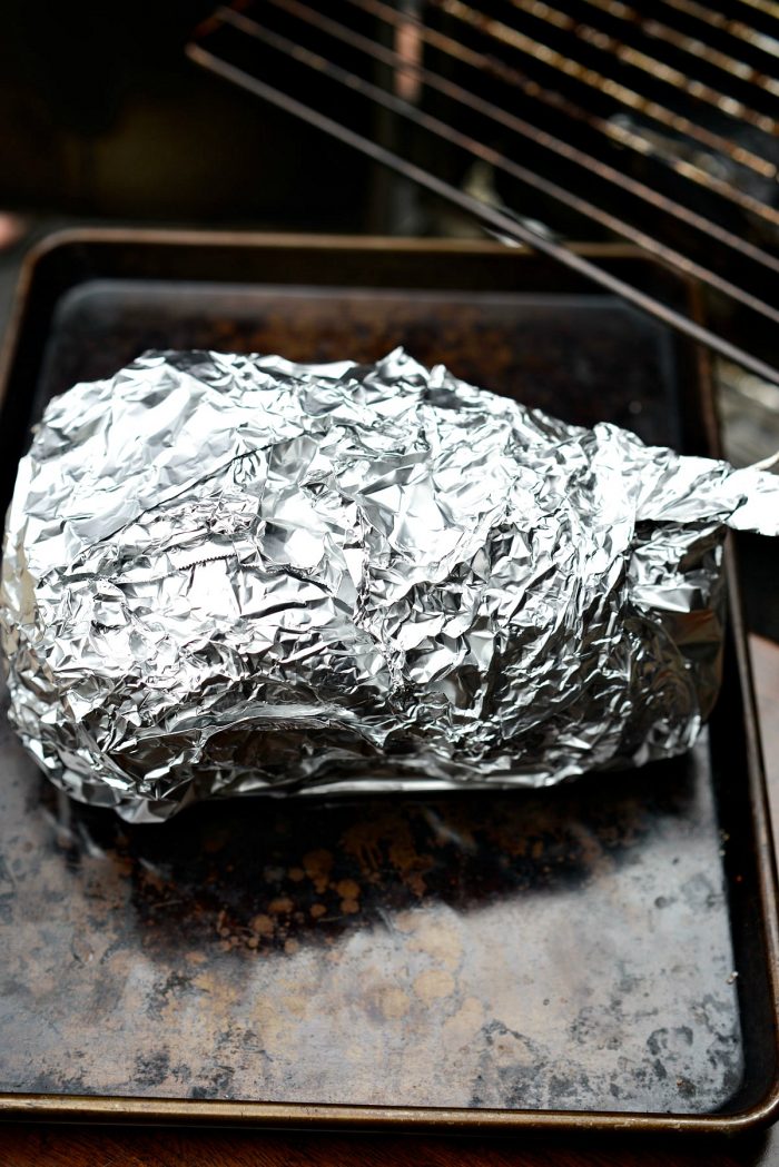 double wrap the smoked pork shoulder in heavy duty aluminum foil.