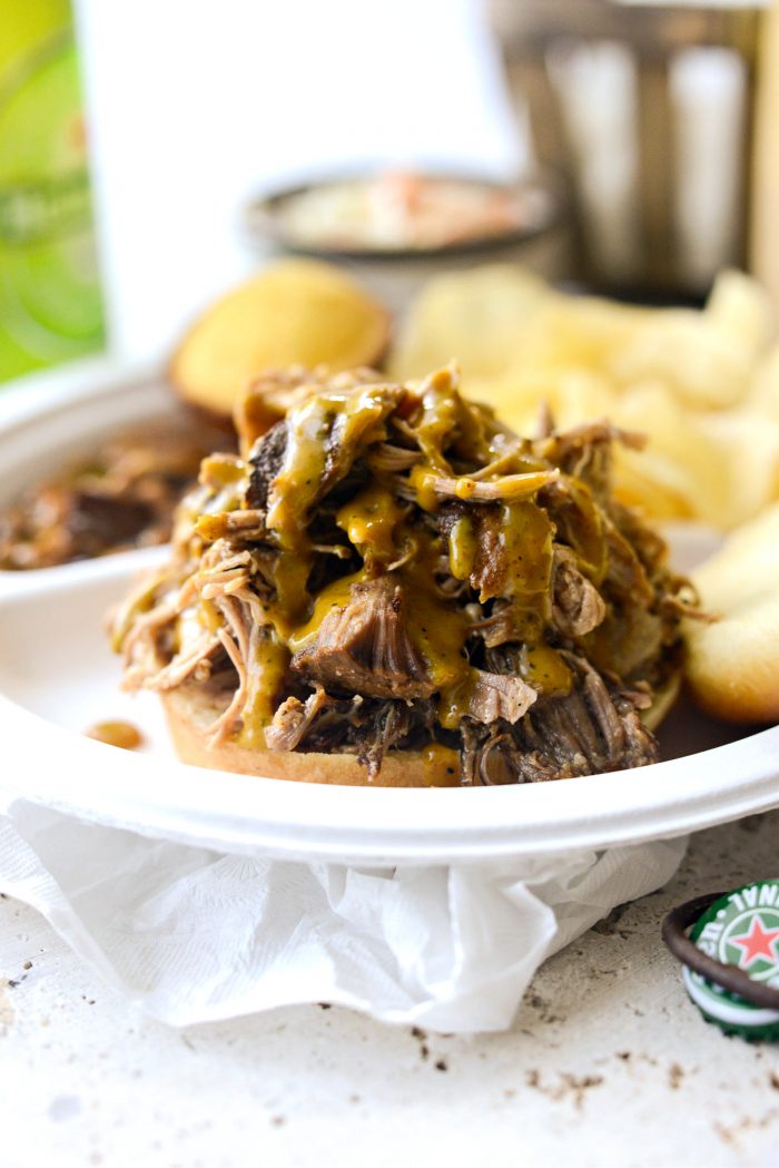 pulled smoked pork with Carolina bbq sauce drizzled over top.