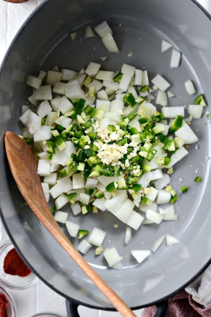 onions jalapeno and garlic in a dutch oven with olive oil