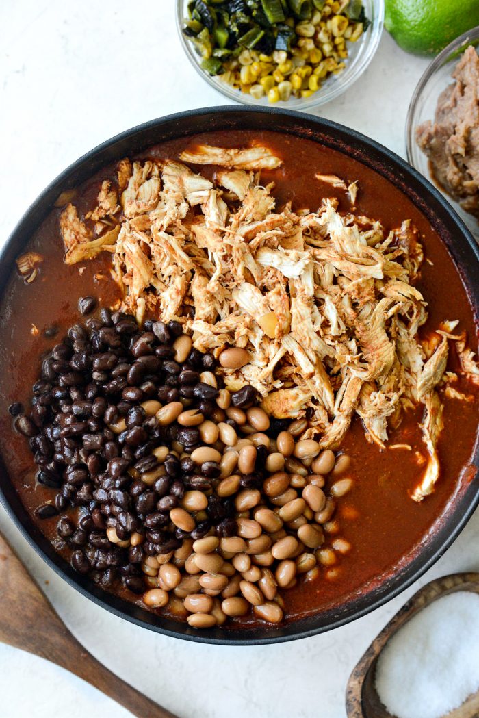 add shredded chicken and beans back to pot