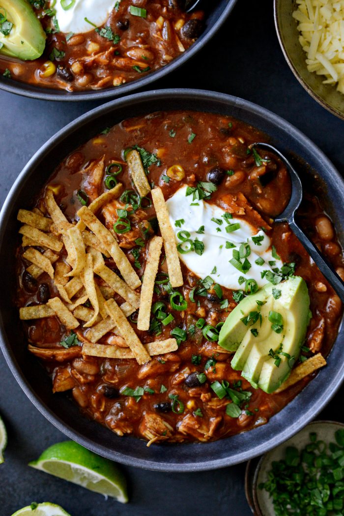 Southwest Chicken Chili in a black bowl.