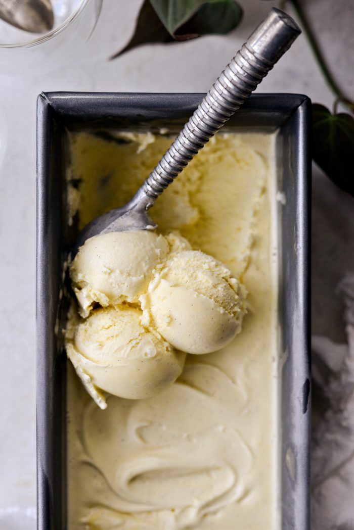 Scooping out the frozen vanilla bean gelato.