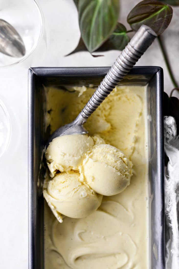 Homemade Vanilla Bean Gelato in metal container.