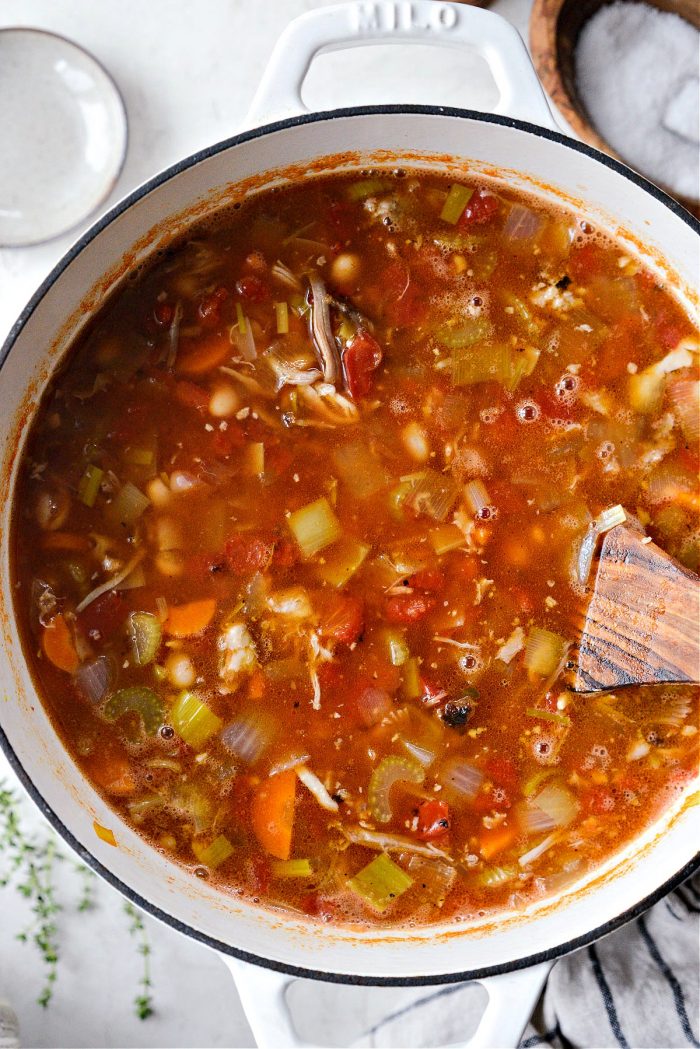 season soup with salt and pepper and remove bay and thyme.