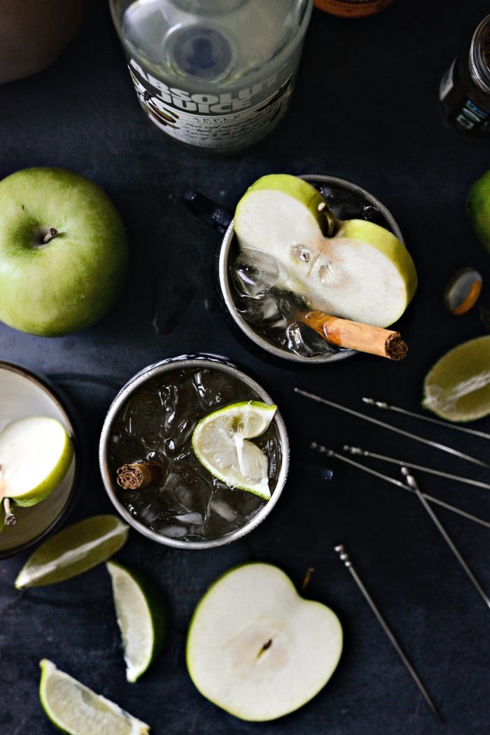 top down shot of two Apple Cider Moscow Mules.