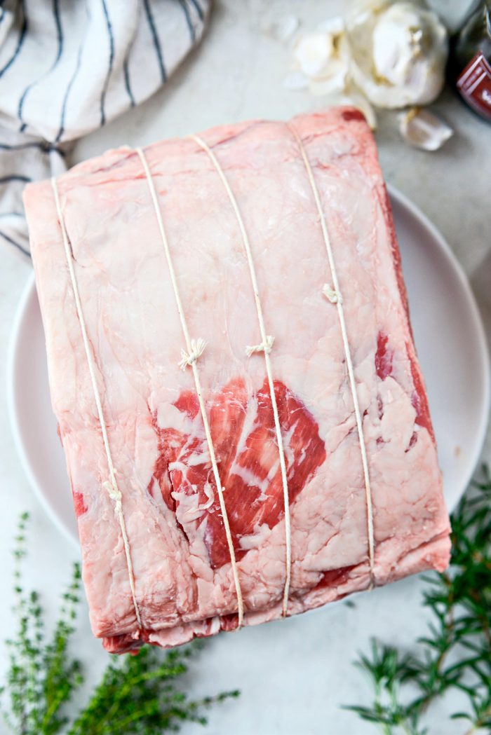 rib roast tied with kitchen string.