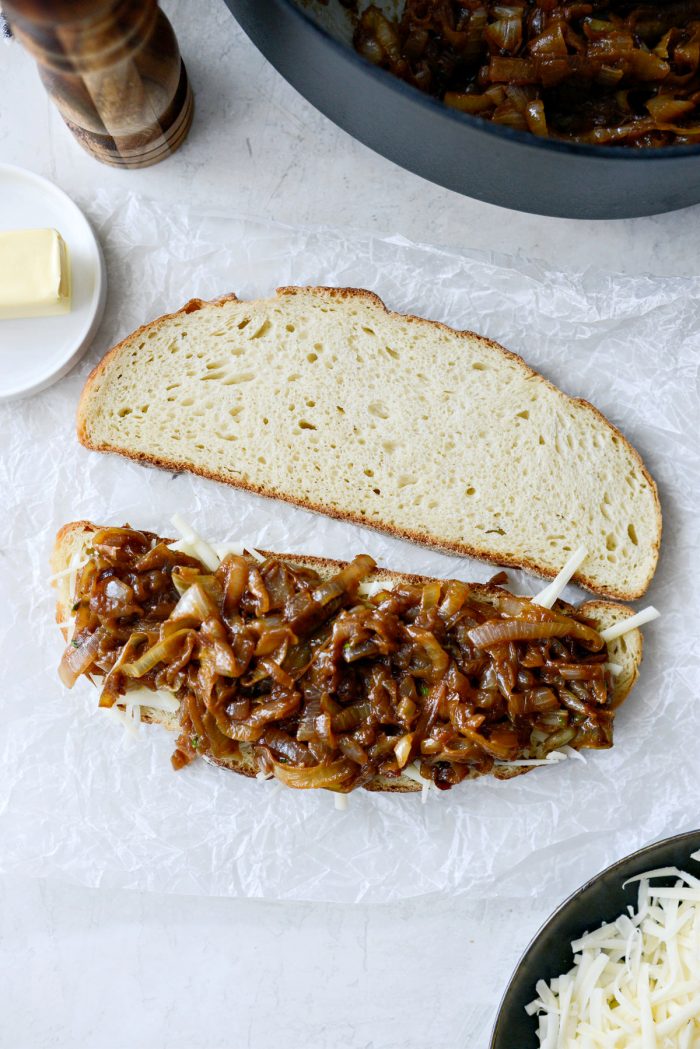 looking down onto caramelized onion and gruyere topped sourdough.