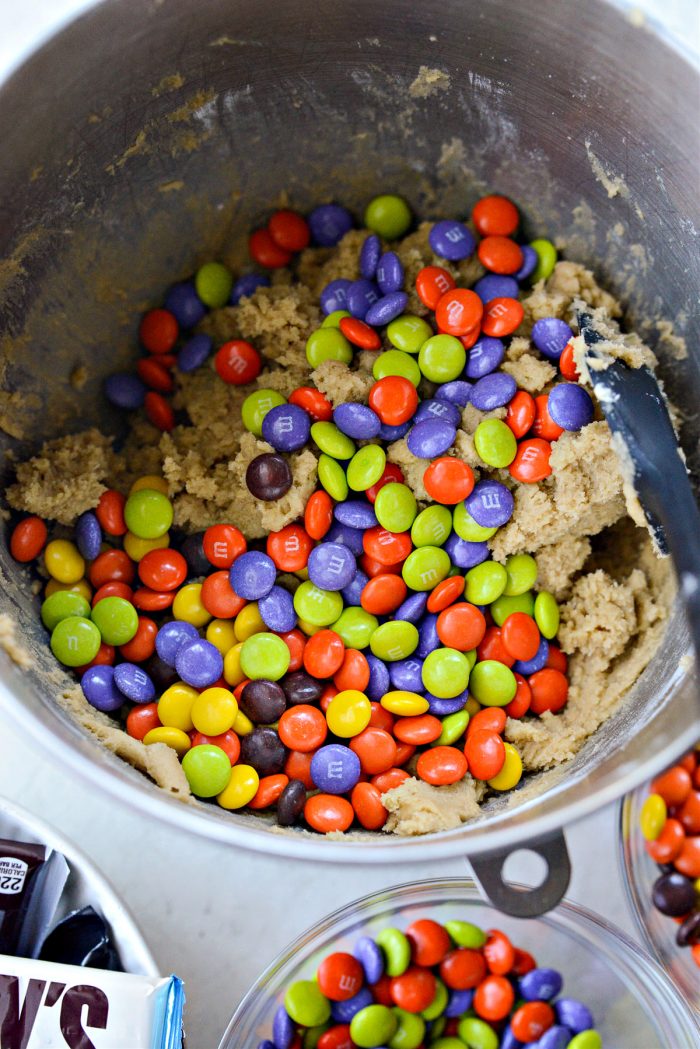 reeses pieces and m&m's to the cookie bar batter.