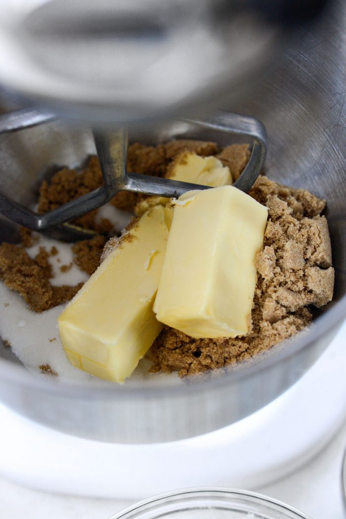 butter and sugars in bowl of stand mixer