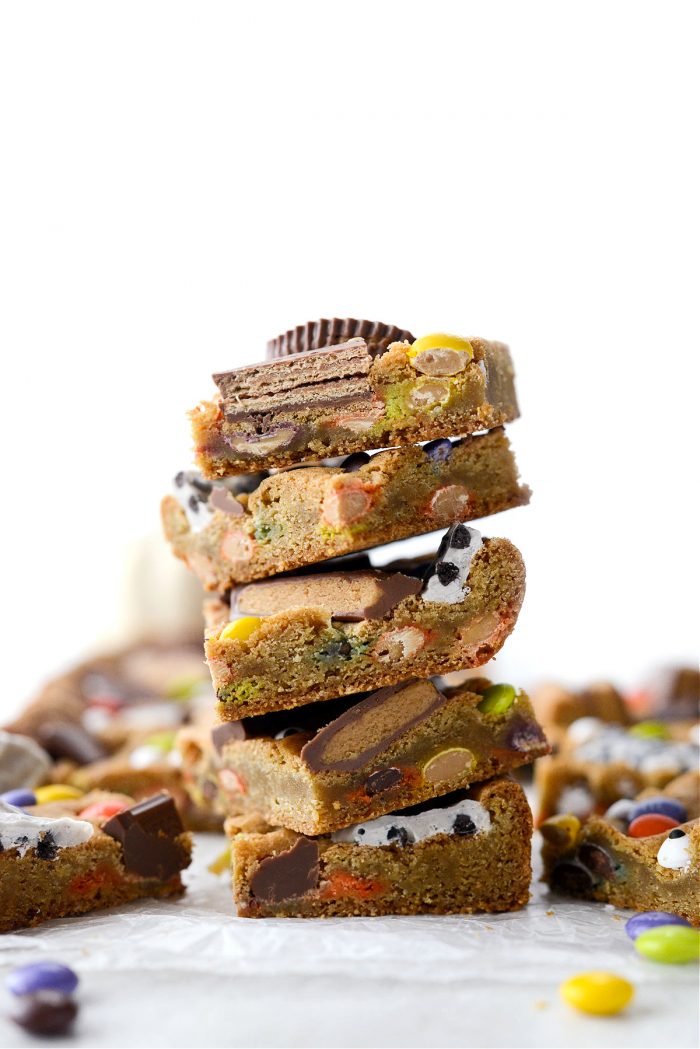 stacked Halloween Candy Cookie Bars.