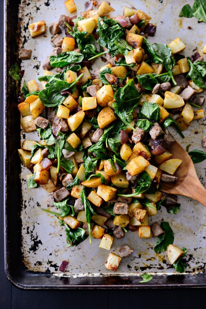 Leftover Prime Rib Hash tossed to combine.