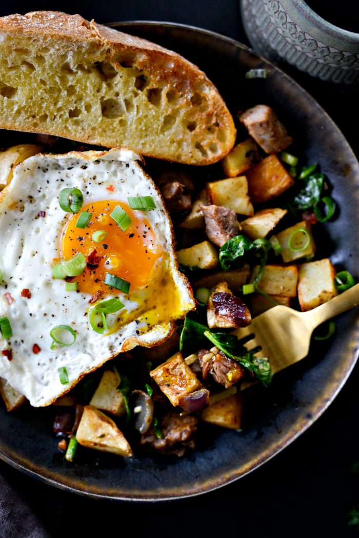 Leftover Prime Rib Breakfast Hash with toast and fried egg.