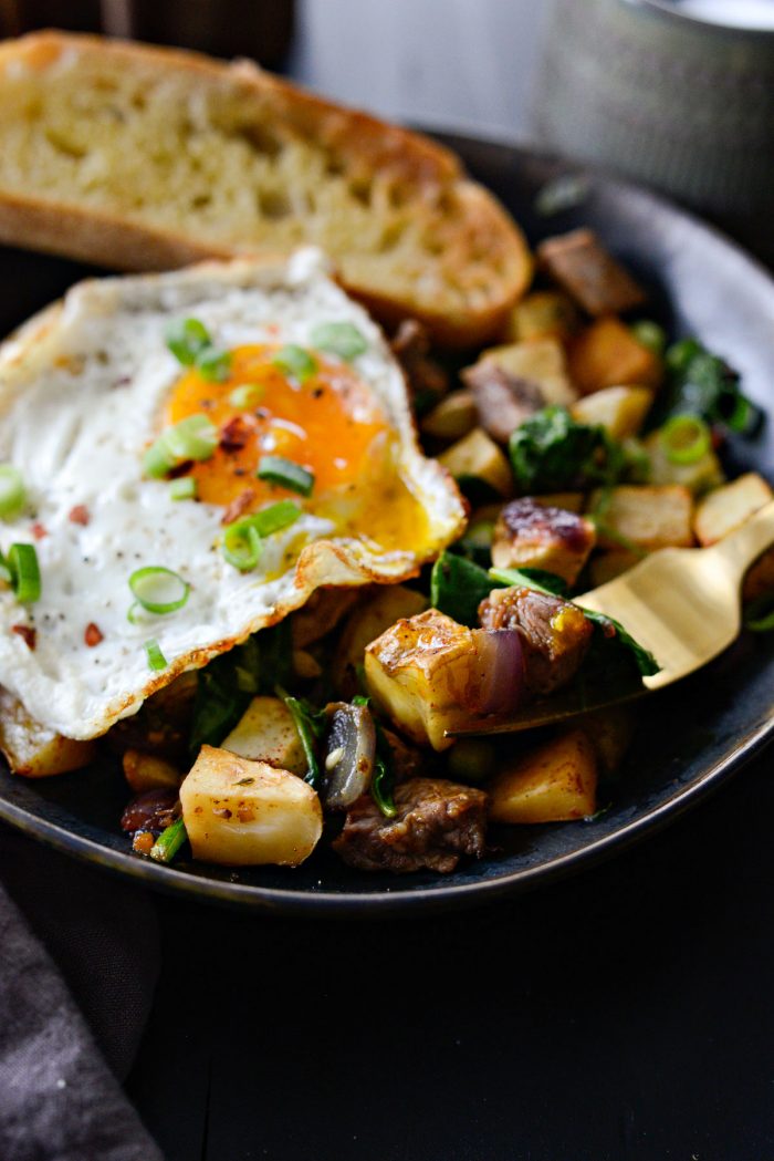 Forkful of Leftover Prime Rib Breakfast Hash.