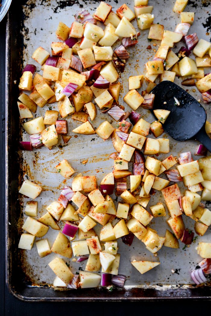 tossed and spread out evenly on sheet pan.