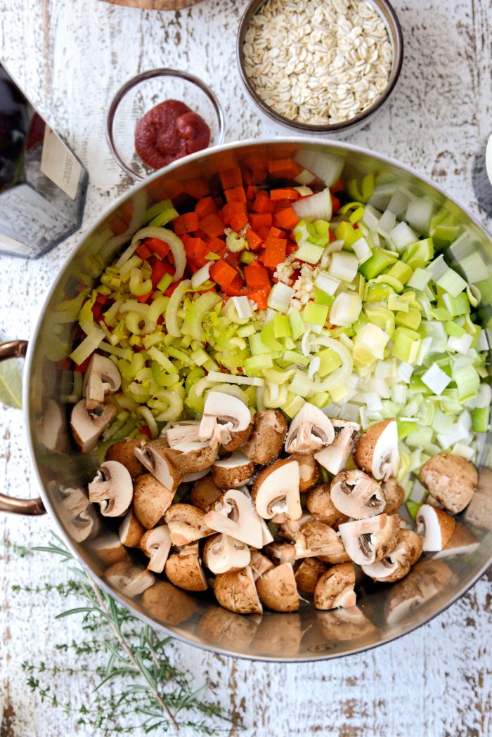 diced vegetables added to the pot.