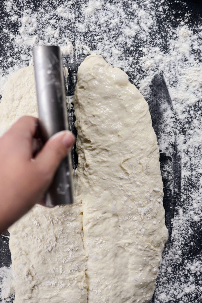 divide dough in half.