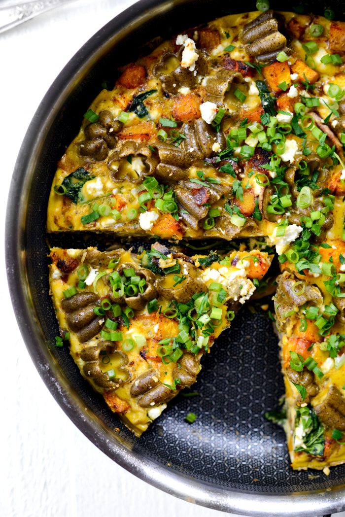 wedge of Roasted Pumpkin Kale and Feta Frittata.