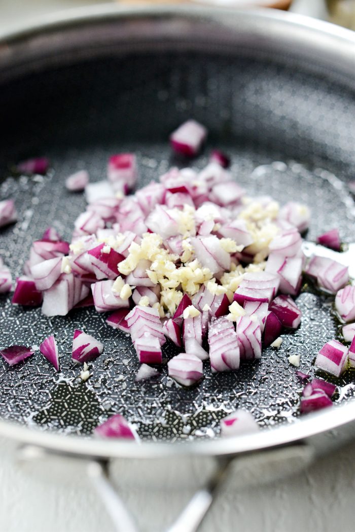 red onion, garlic salt in a oiled skillet.