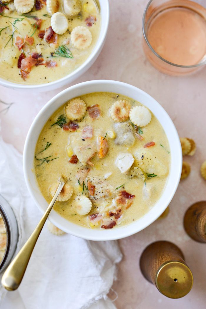 Salmon chowder with crackers.