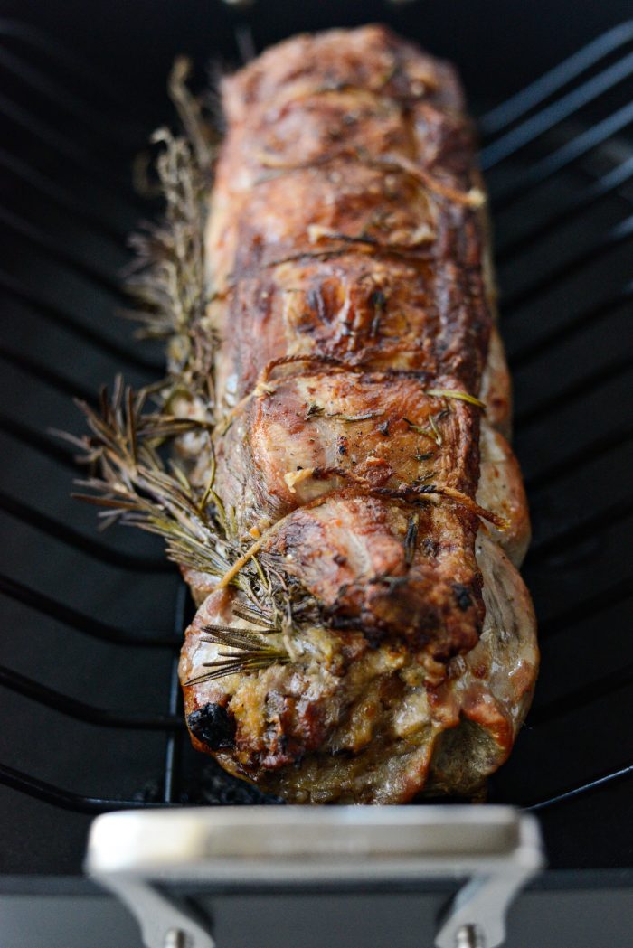 close up of roasted Bacon Pear and Blue Cheese Stuffed Pork Loin