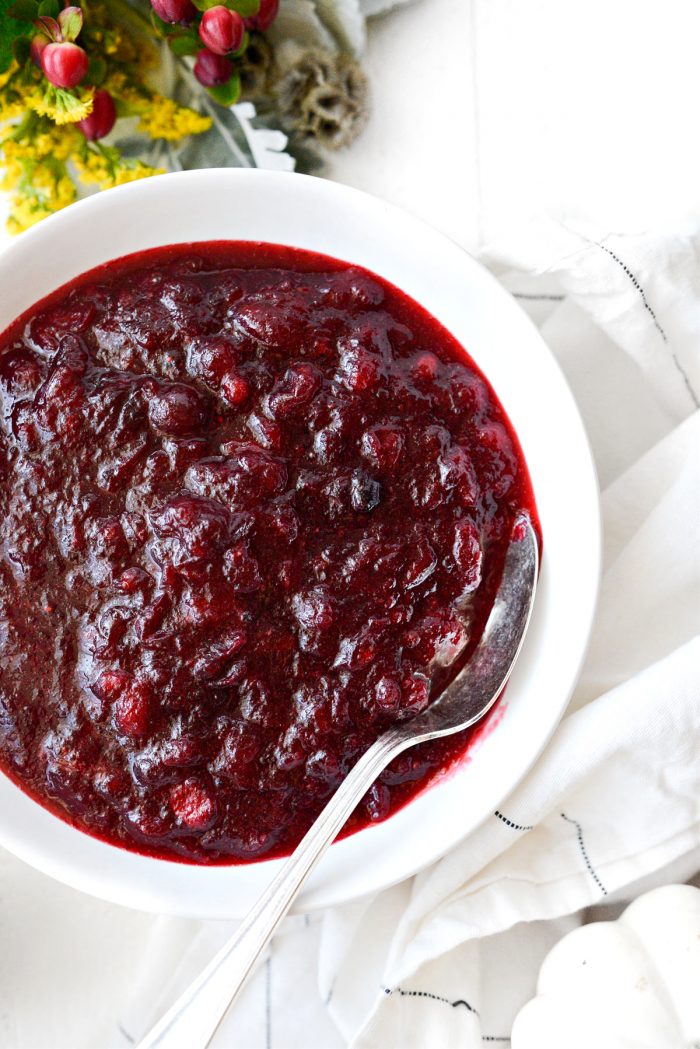 homemade cranberry sauce in a white bowl.