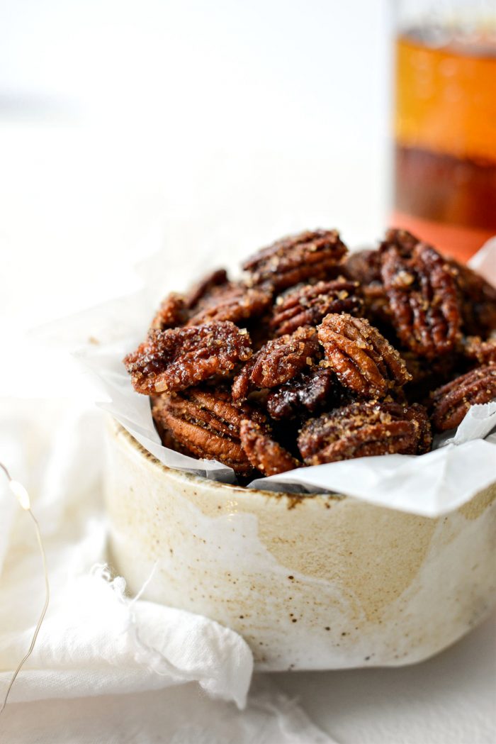 side view of Honey Vanilla Bourbon Pecans.