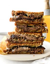 tower of Leftover Pot Roast Cheddar Grilled Cheese Sandwich