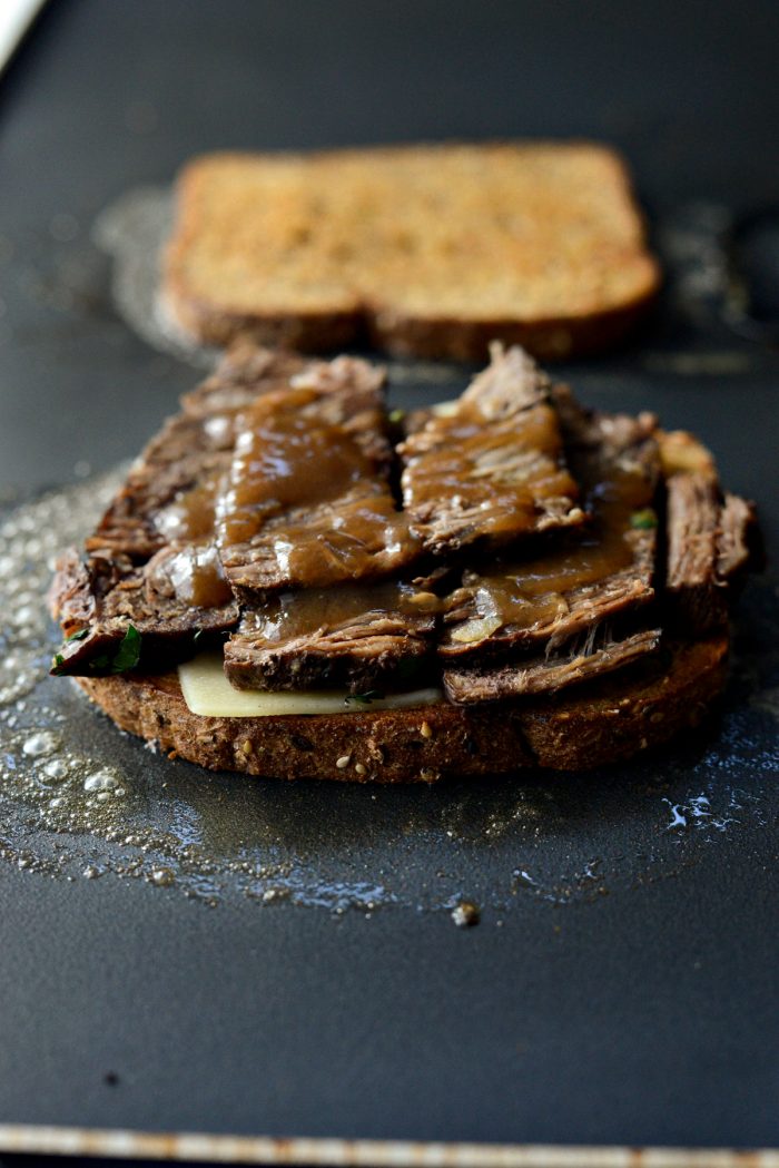 top griddled side with white cheddar, leftover pot roast and a little of the gravy.