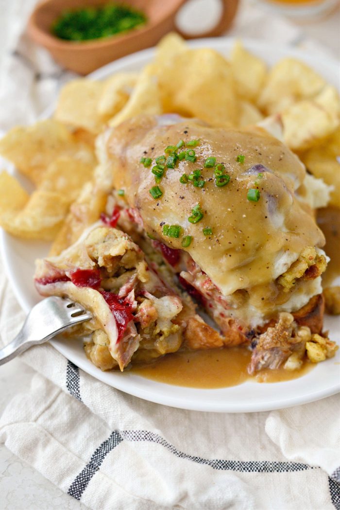 Leftover Thanksgiving Turkey Dinner Melt served with chips.