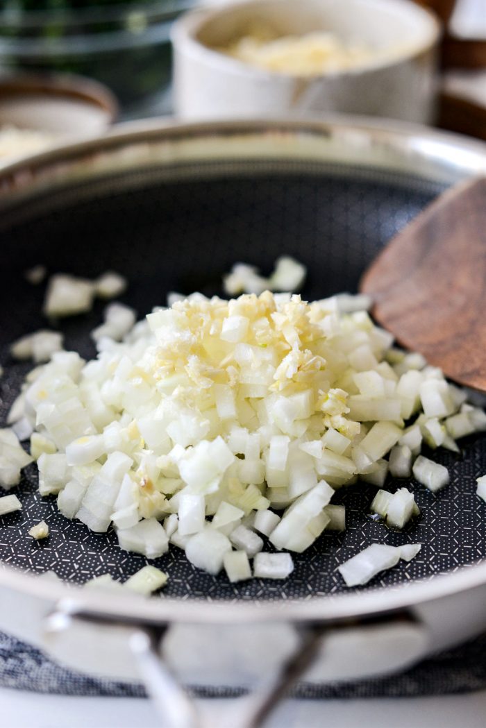 garlic and onions in skillet with olive oil.