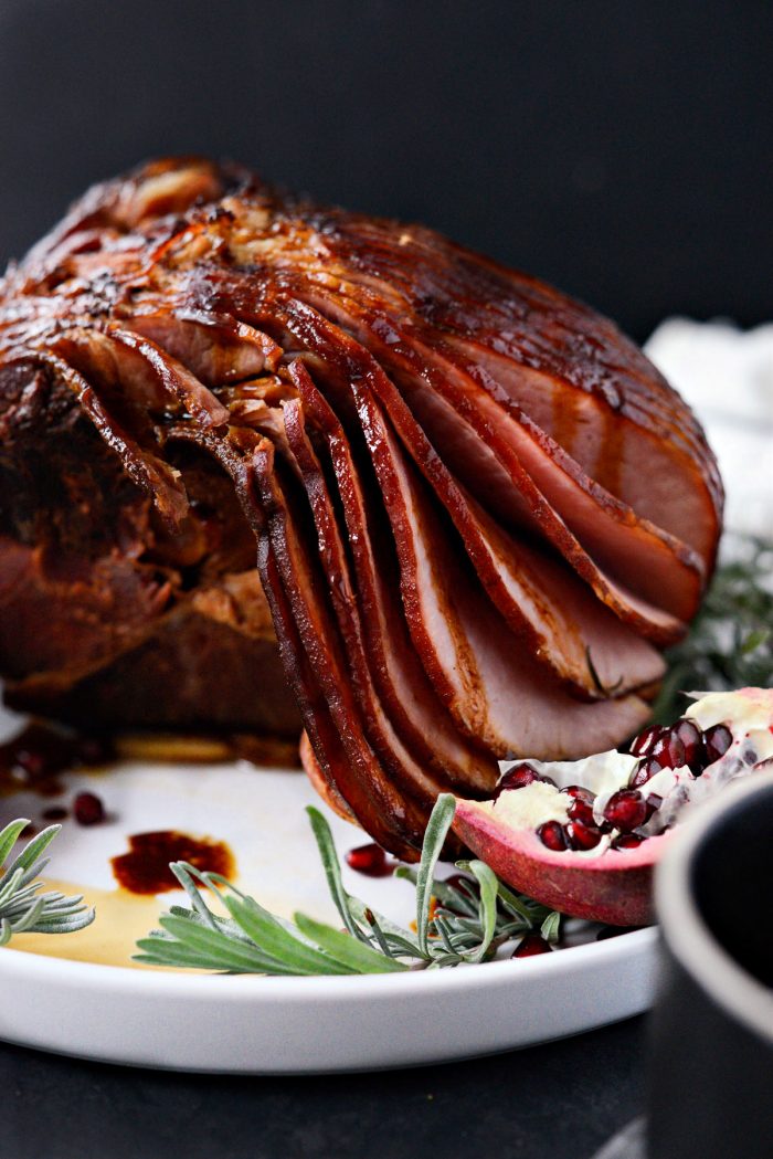 Pomegranate Bourbon Glazed Ham with extra glaze.