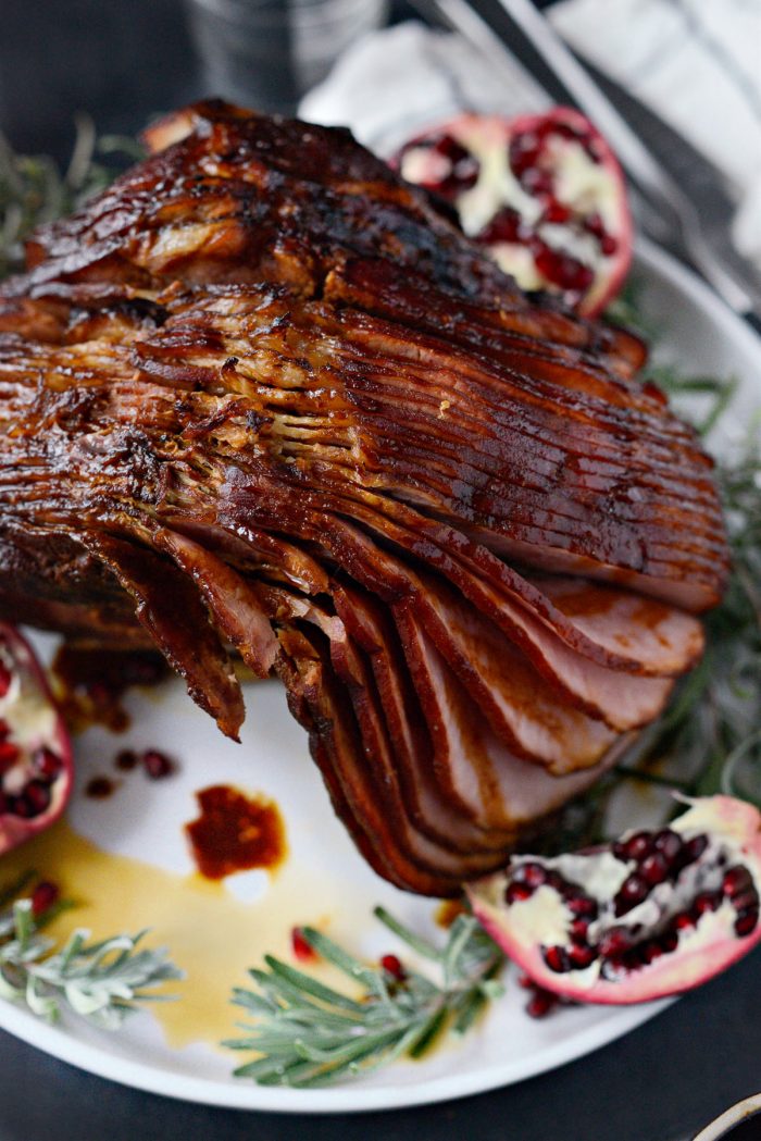 close up of Pomegranate Bourbon Glazed Ham