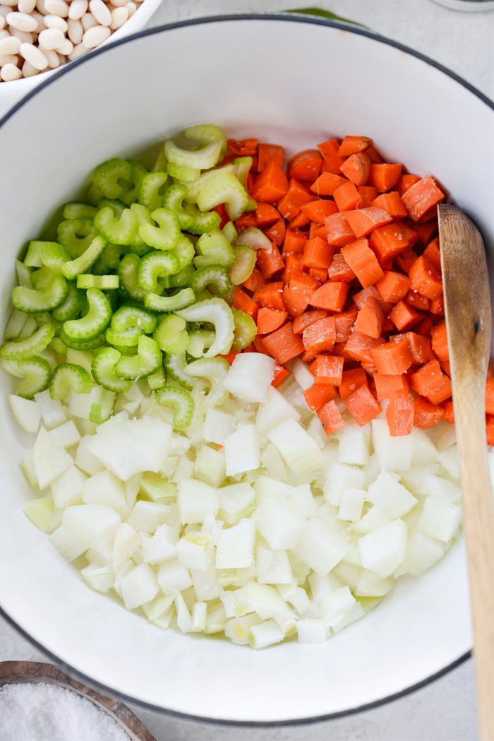 olive oil, onion, carrot and celery in dutch oven.