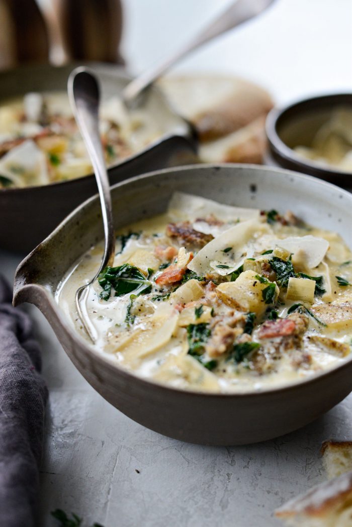 grey-brown bowl with homemade Zuppa Toscana.