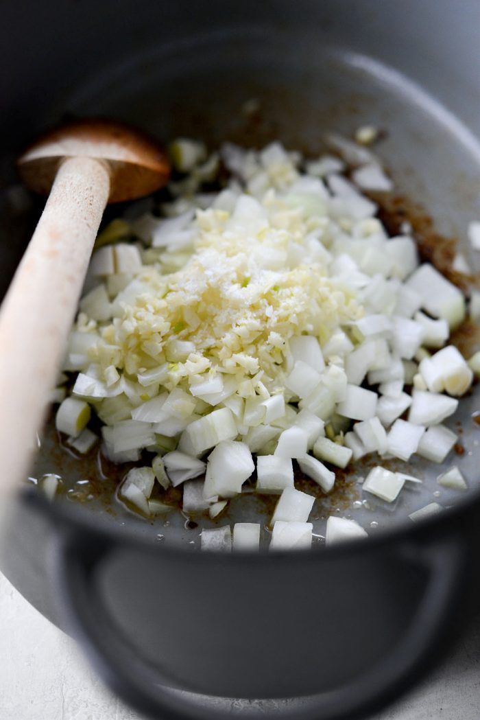 onion and garlic in dutch oven.