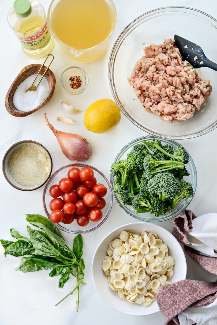 One Pan Lemony Orecchiette with Sausage and Broccolini ingredients