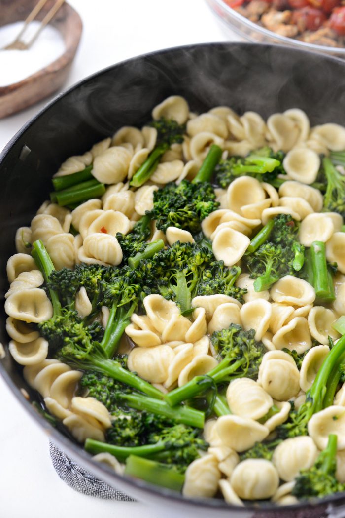 cooked broccolini and pasta.