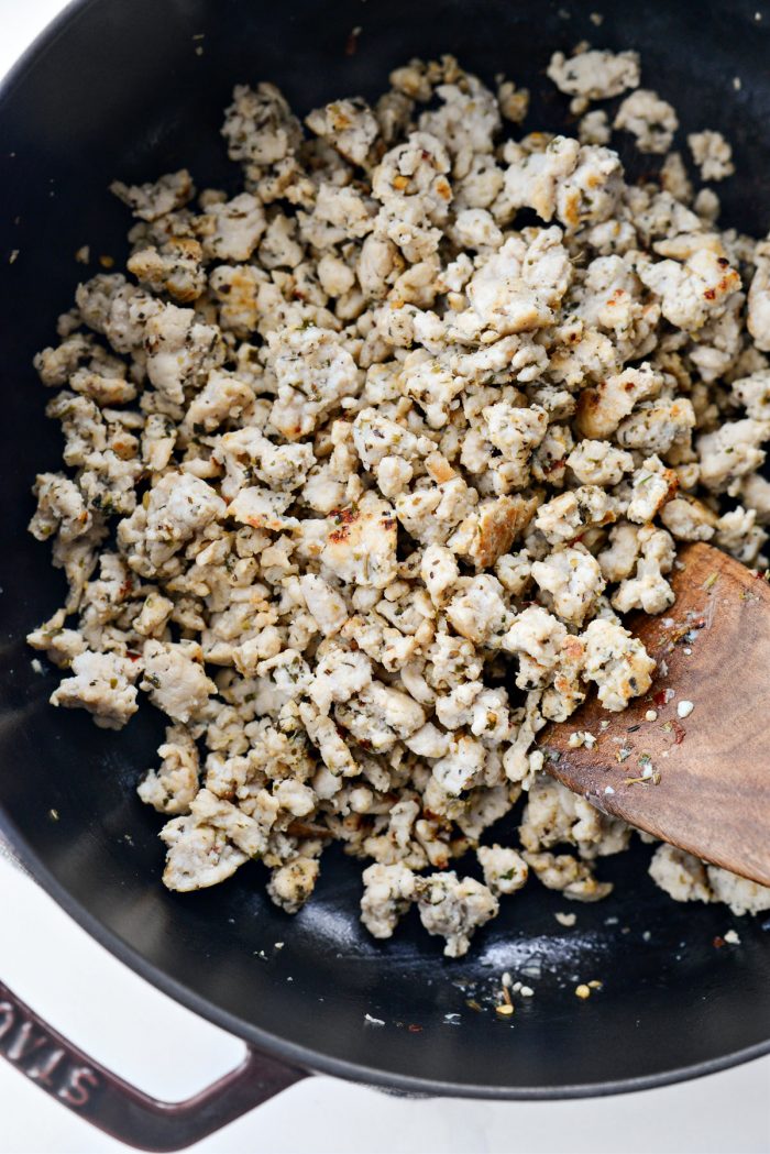 cooked homemade turkey sausage in skillet