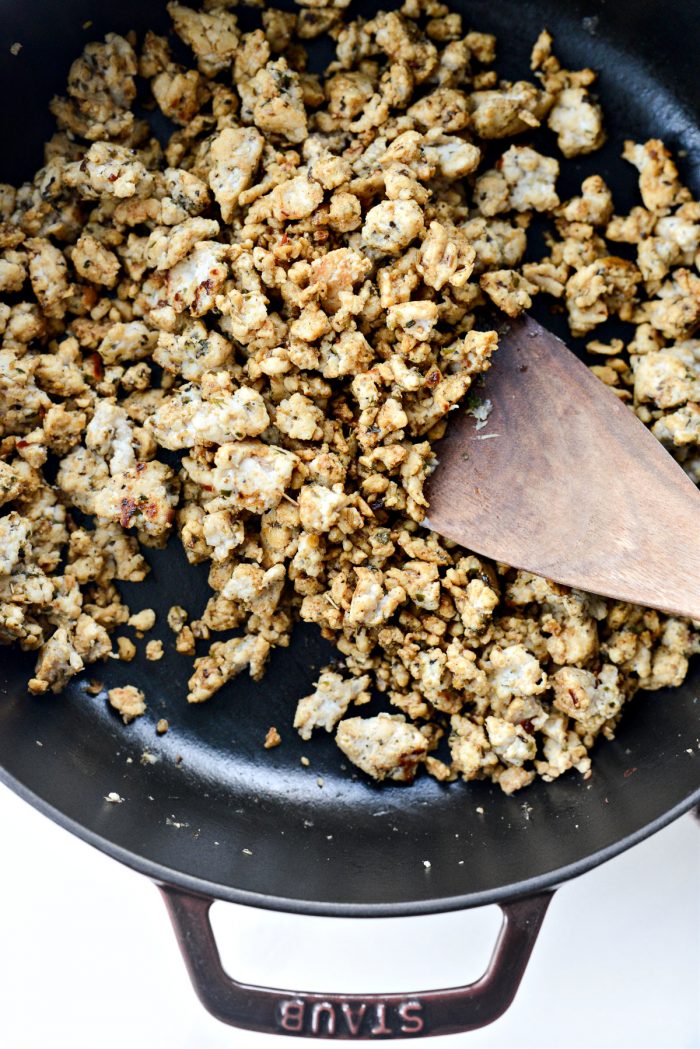 browned homemade turkey sausage in skillet