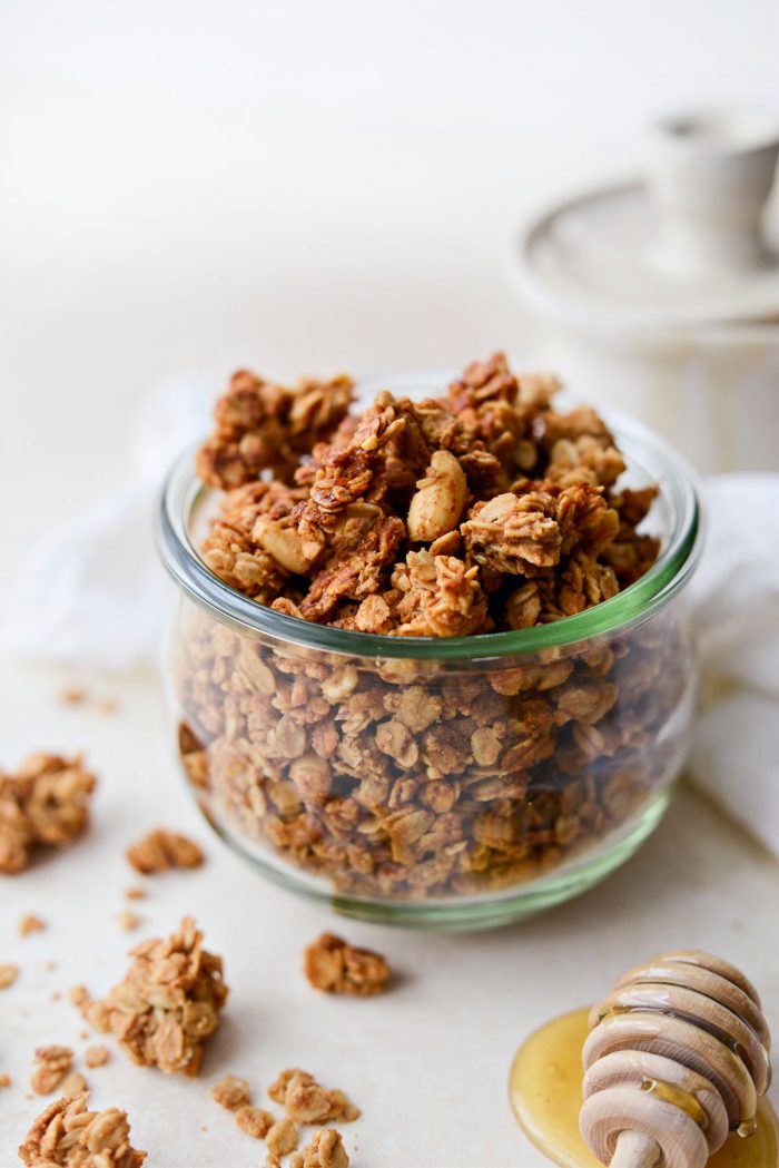 Peanut Butter Honey Granola in a jar.