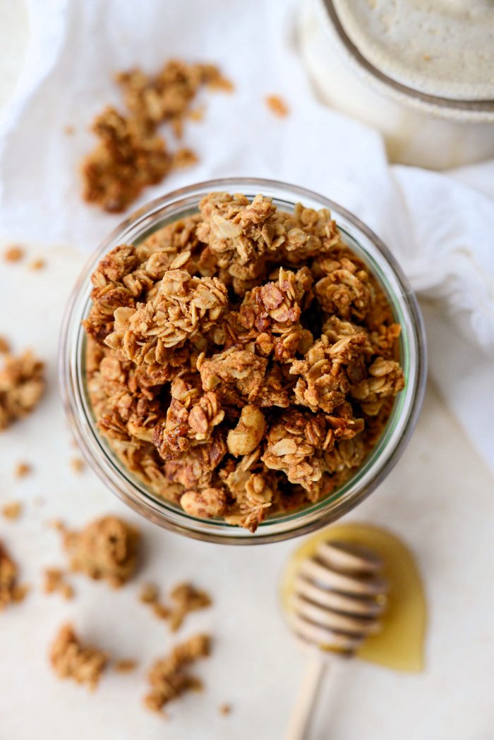 top of jar of Peanut Butter Honey Granola