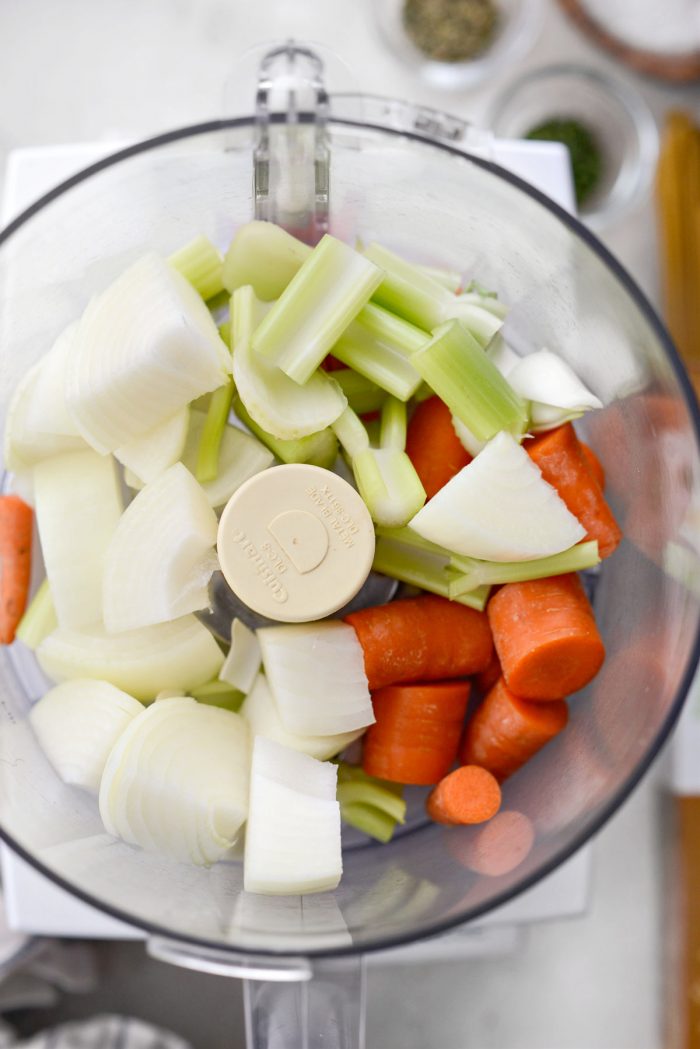 carrots, onions and celery in food processor